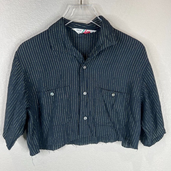 R by Reis Tops - R by Reis Crop Top Size Medium Navy Striped Short Sleeve Distressed Boxy Vintage